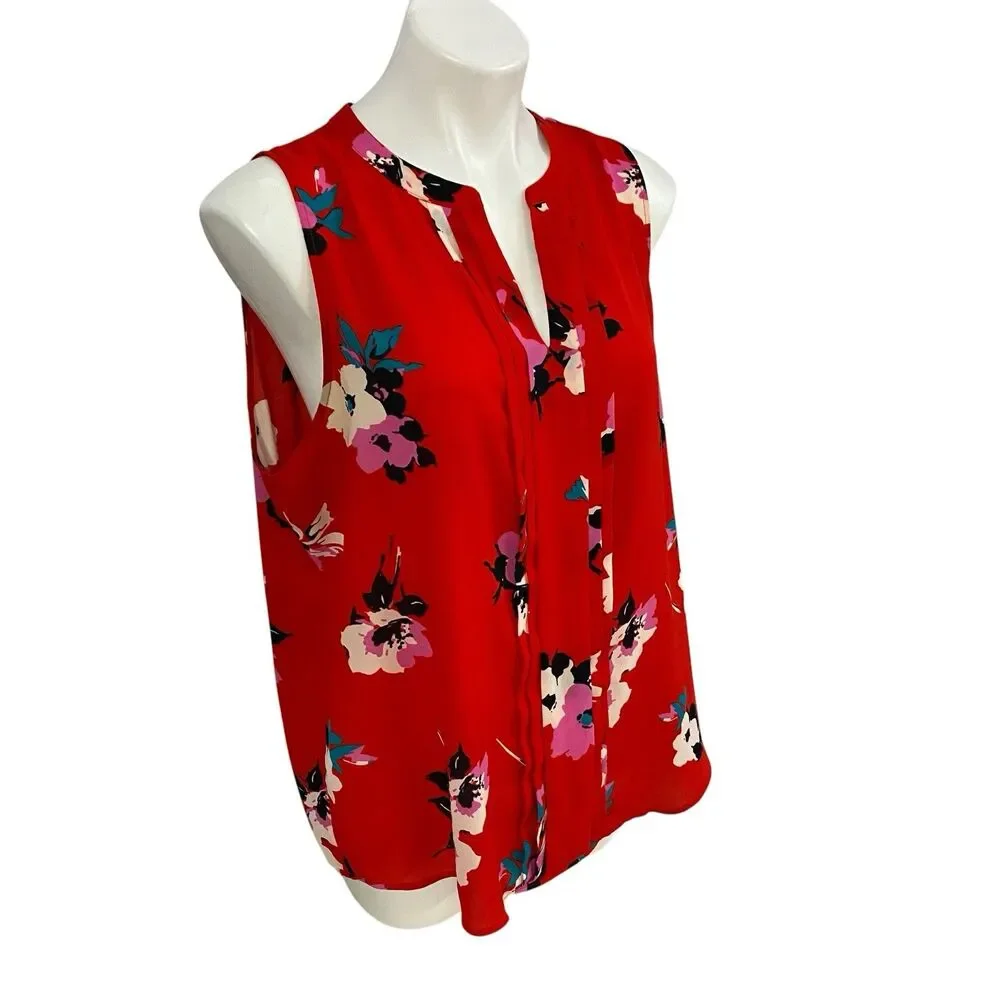 41 Hawthorne Top Womens XL Breyson Pleat Split Neck  Red Floral Office Casual